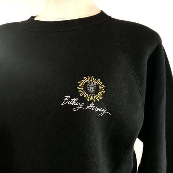 Vintage Tops - Vintage 80s Women's Graphic Sweatshirt Large Black Bitburg Germany Logo Pullover